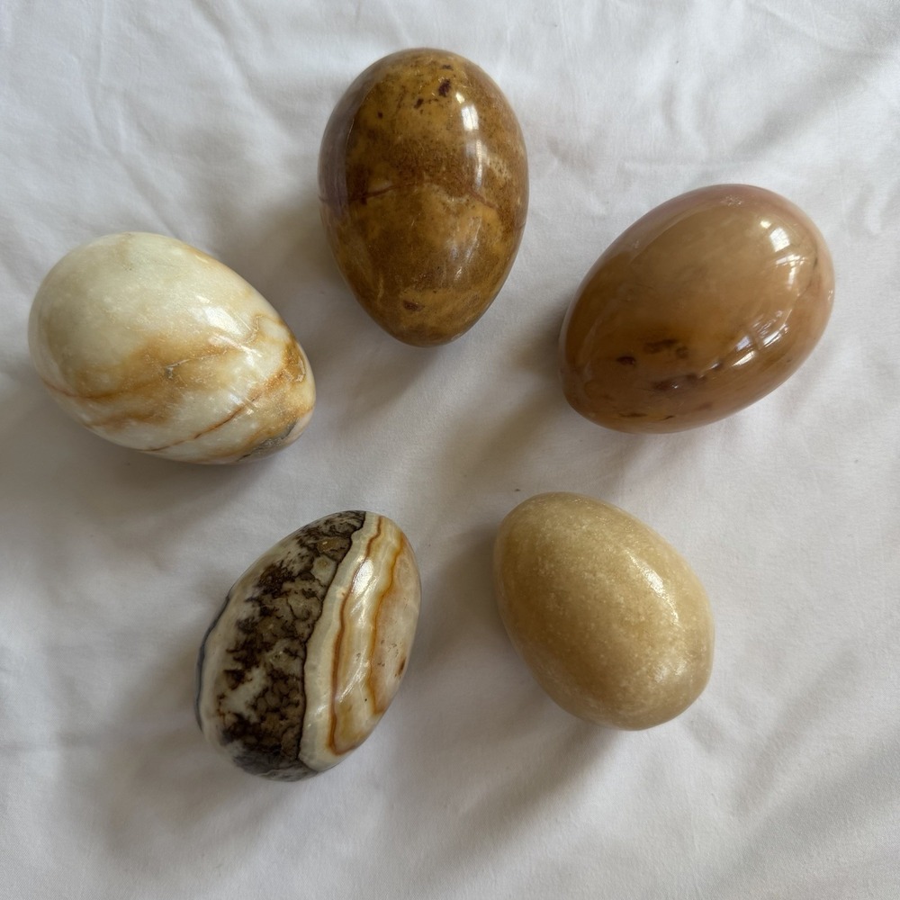Vintage Lot of 5 Polished Onyx Marble Stone Eggs Mid Century Decorative Minerals